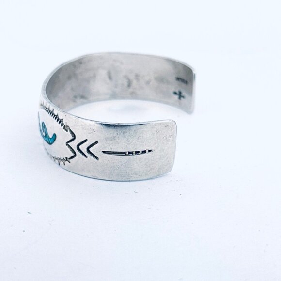 Vintage Sterling Silver Turquoise Coral Inlay Cuff Bracelet Southwestern Design - Picture 4 of 11